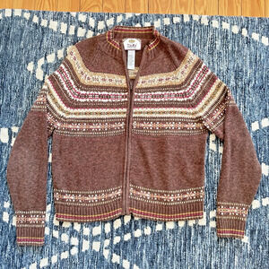 Vtg Y2K Tiara International Women's Sweater L Nordic Fair Isle Full Zip Brown